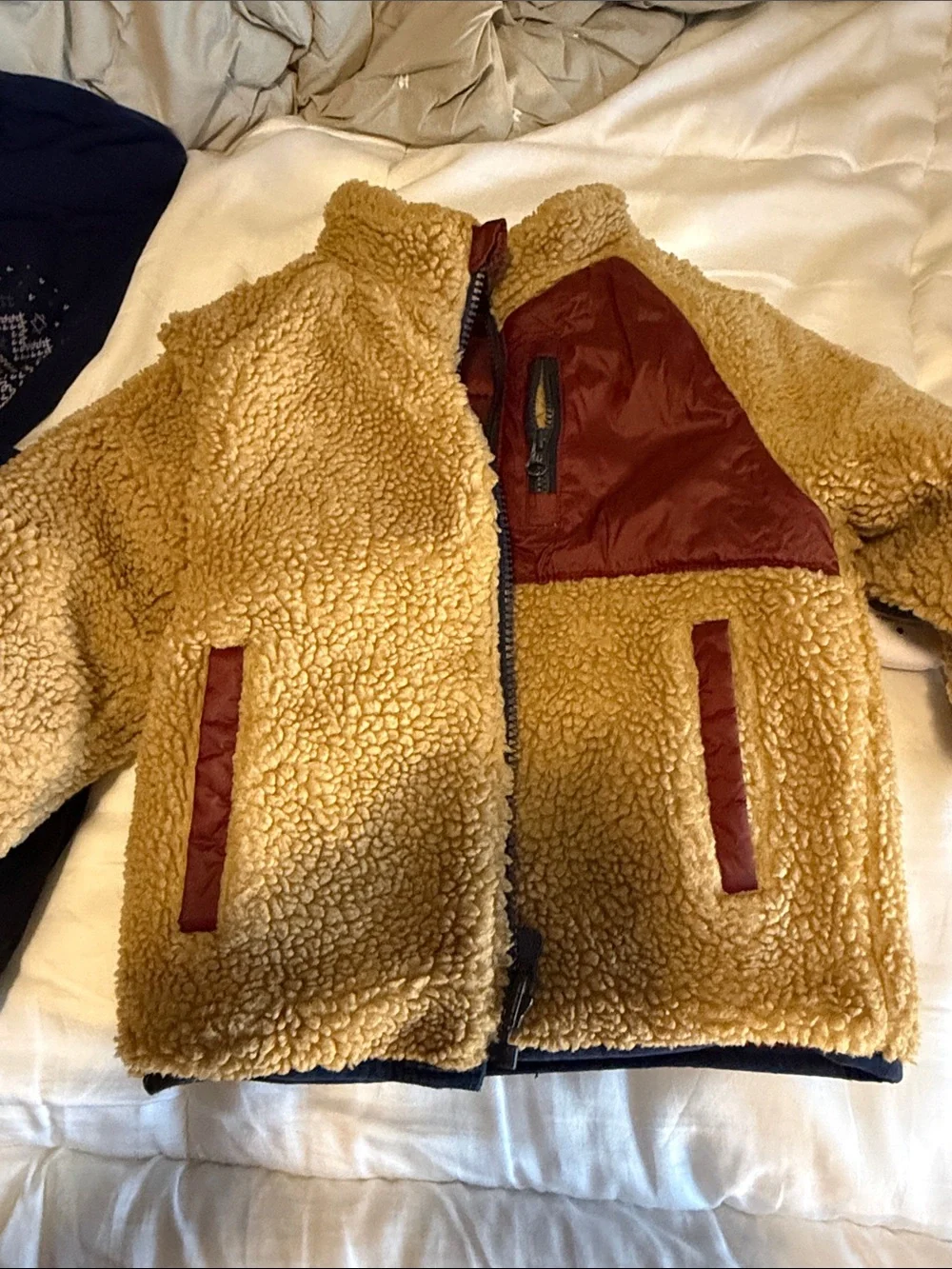 GAP Kids Reversible Burgundy Puffer Jacket with Sherpa Trim - 3T